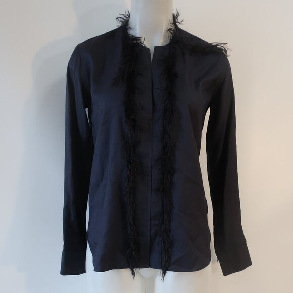Womens Helmut Lang Dark Navy Blue Pure Silk V-Neck Feather Trim Blouse Top XS - Picture 1 of 13